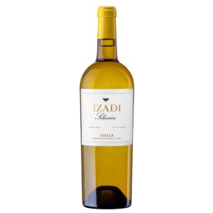 Bottle of Izadi White Rioja wine on a white background.