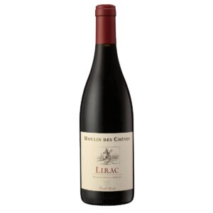 Bottle of Moulin Des Chenes Lirac wine on a white background.