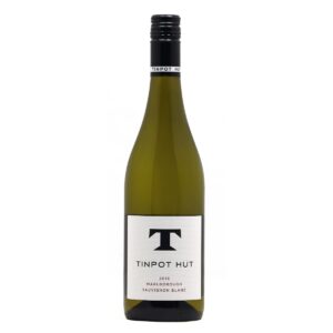 Bottle of Tinpot Hut Sauvignon Blanc wine on a white background.